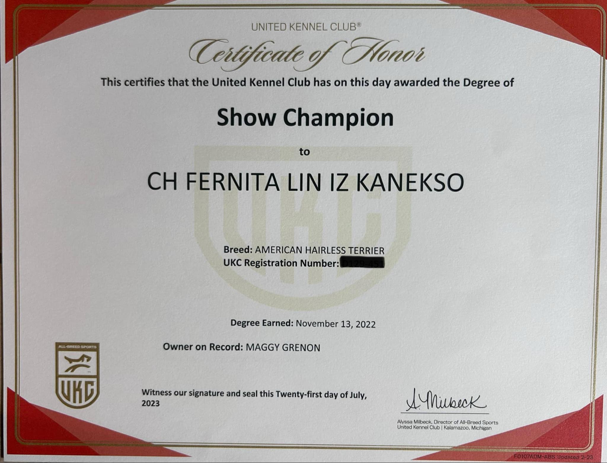 Nini – certificat et honneur 1