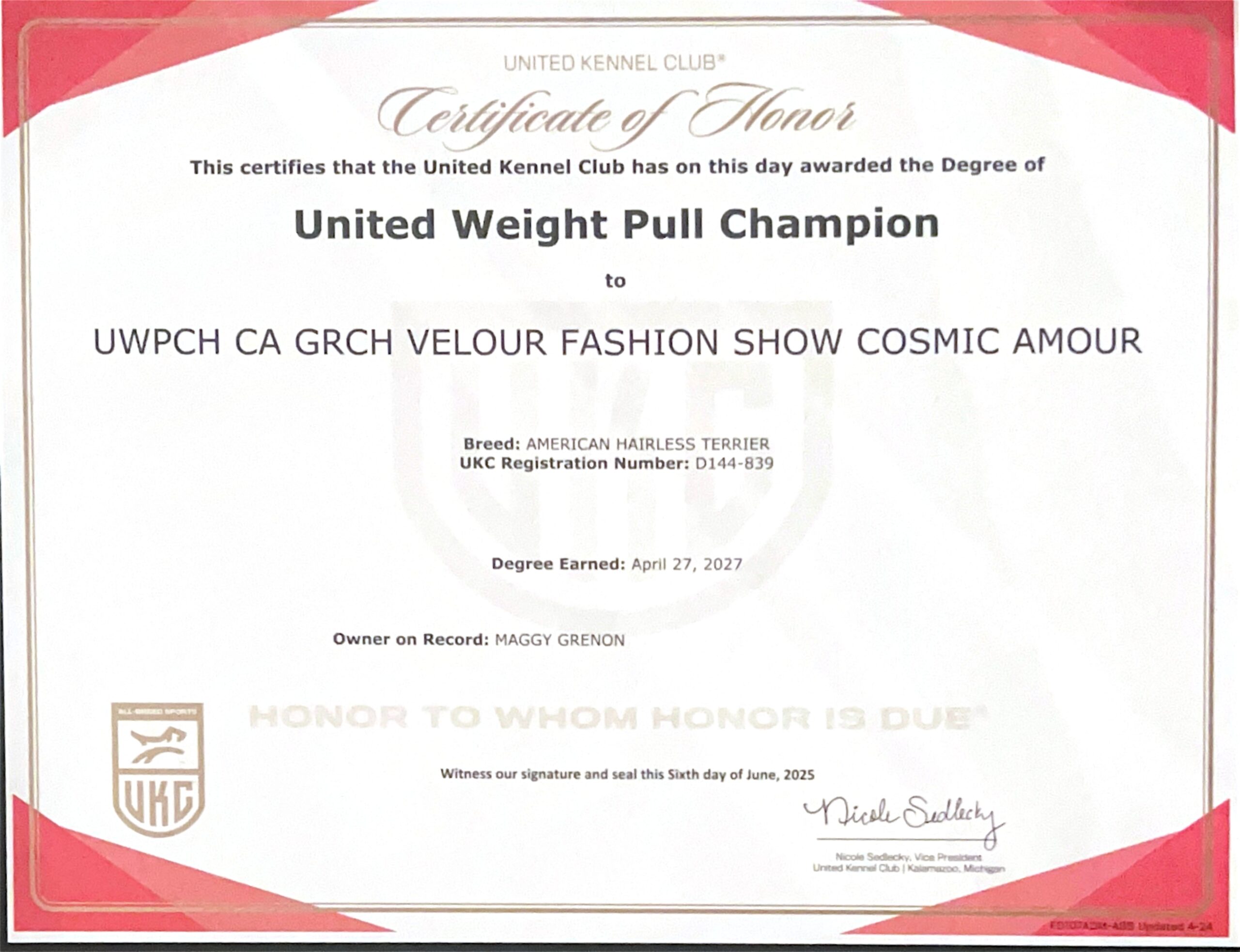 Cosmos – certificat et honneur 1