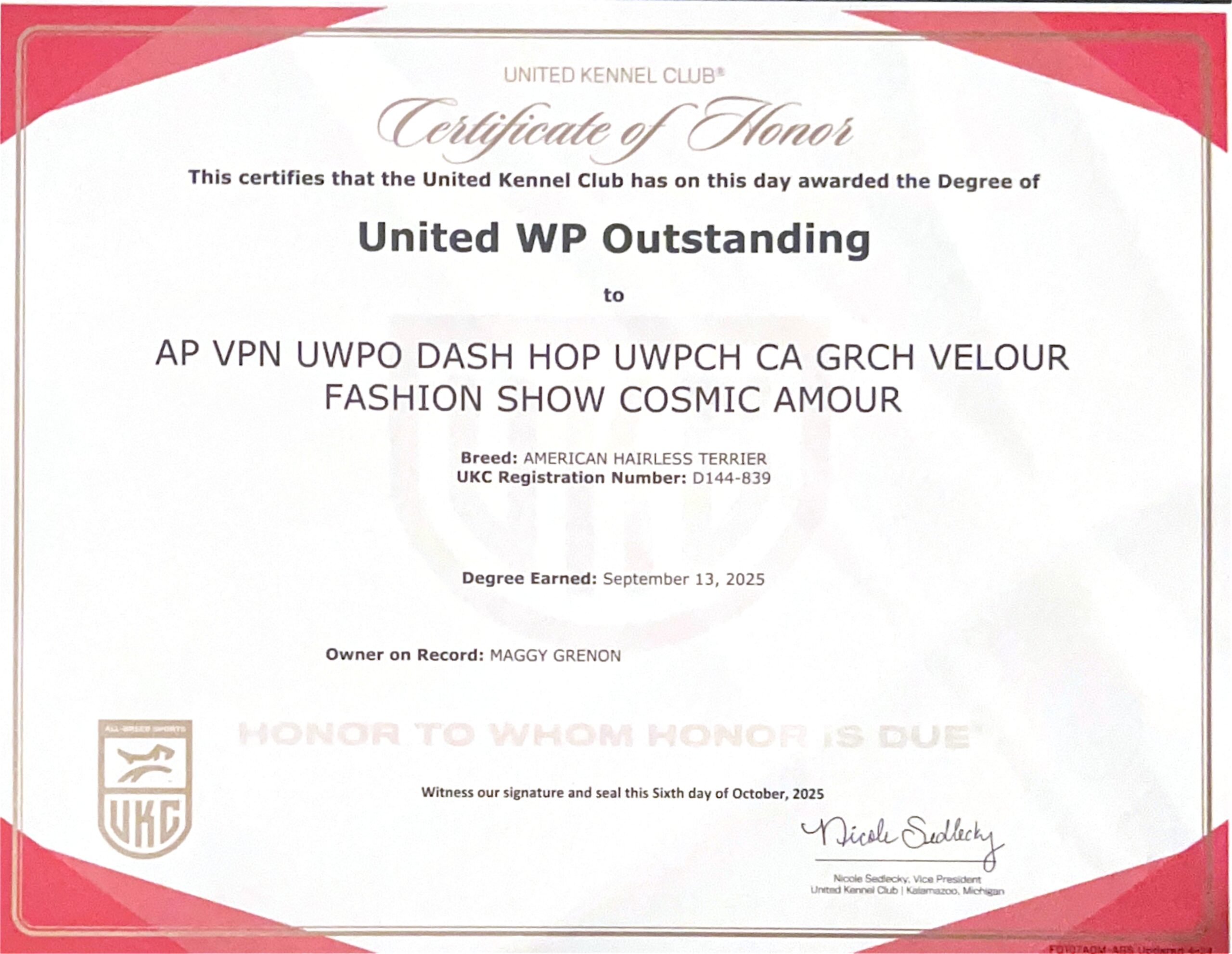 Cosmos – certificat et honneur 6