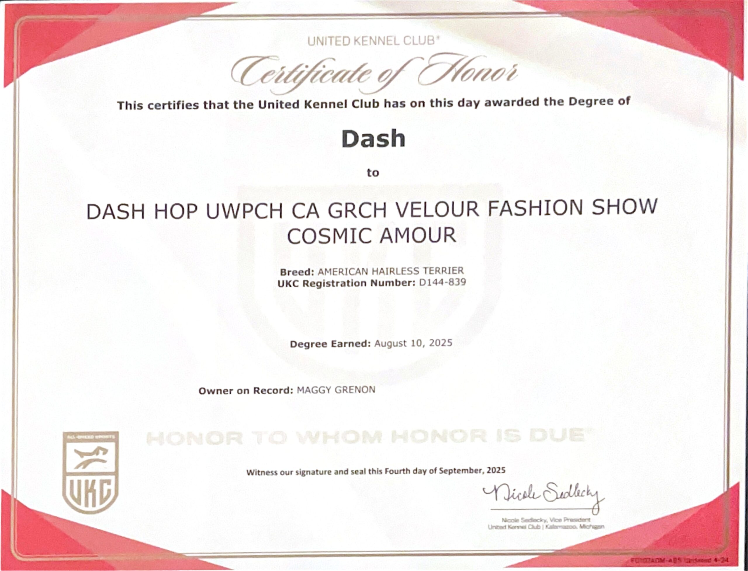 Cosmos – certificat et honneur 9